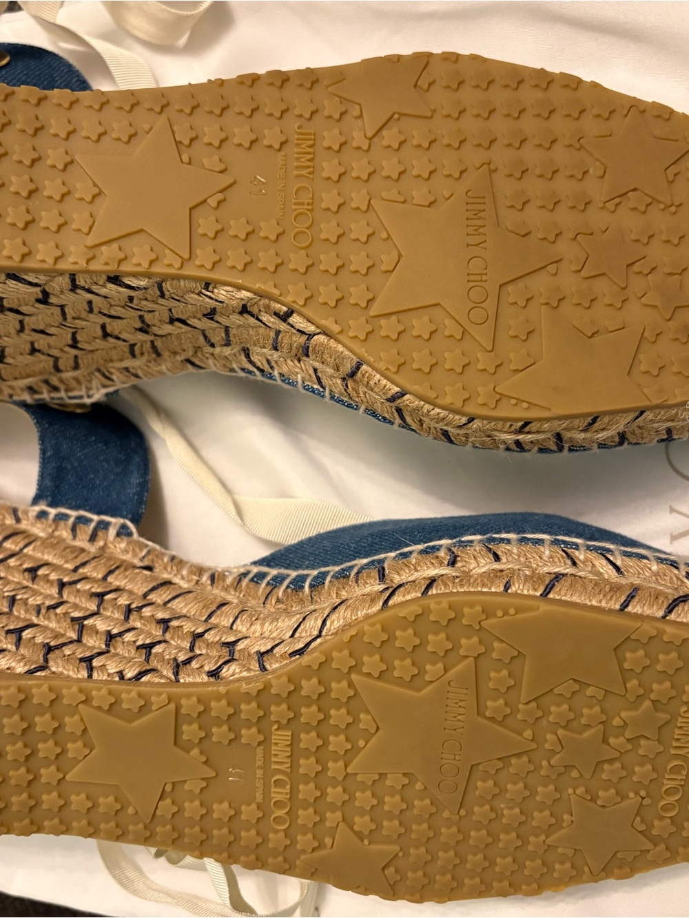 Jimmy Choo Denim Espadrille Wedge with Cream Ankle Ribbon - Picture 3 of 5